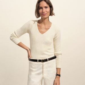 Fluted Rib V-Neck Long Sleeve